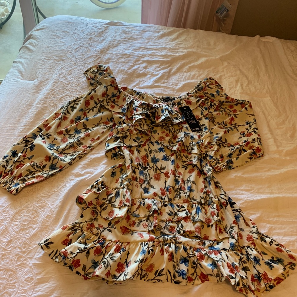 petite floral off the shoulder ruffle mini dress